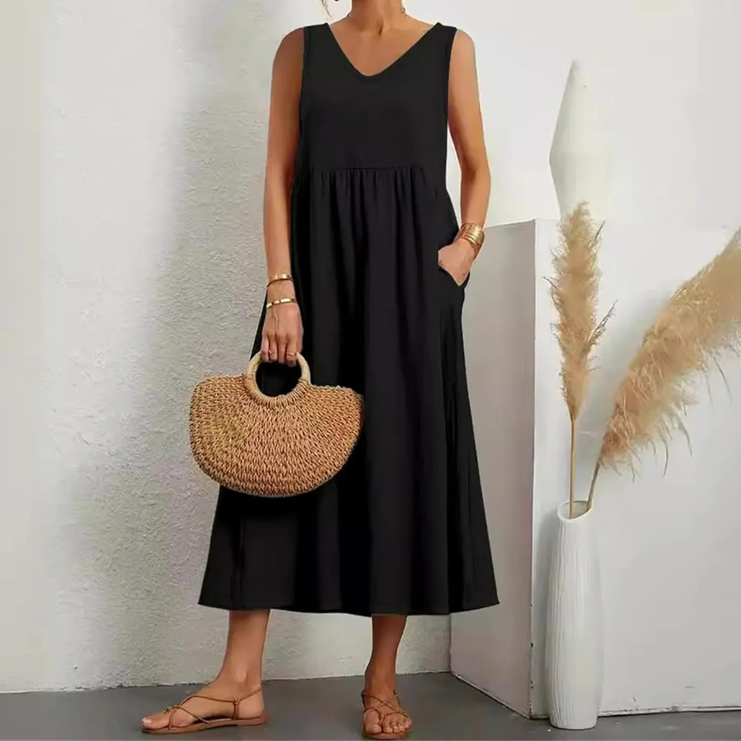 Summer Dresses for Women 2024 Cotton Linen Beach Maxi Dress Casual Sundresses Long Flowy T Shirt Dress with Pockets