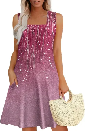 Summer Dresses for Women Flowy Sundresses Prited Casual Sleeveless Mini Dress Beach Tshirt Tank Dresses with Pockets