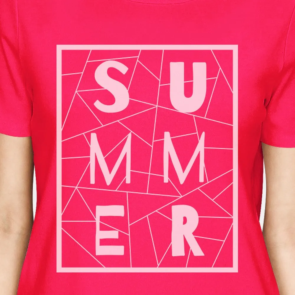 Summer Geometric Womens Hot Pink Trendy Lettering Graphic Tshirt
