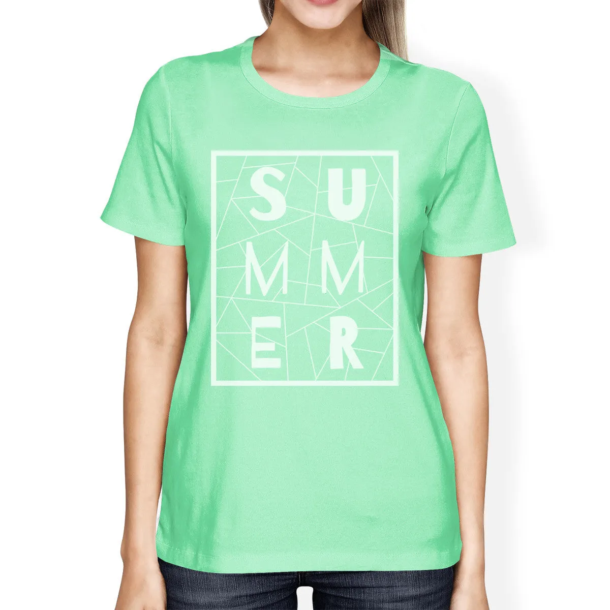 Summer Geometric Womens Mint Trendy Lettering Graphic Tee Shirt