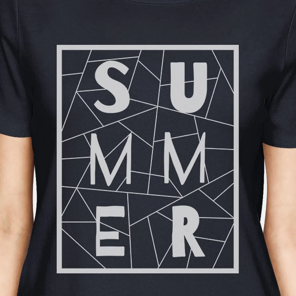 Summer Geometric Womens Navy Trendy Lettering Graphic Tshirt