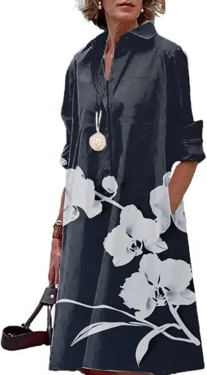 Summer Womens MIdi Button Down Long Sleeve Linen Shirt Dresses V Neck Loose Fitting Plus Size Casual Dress for Women