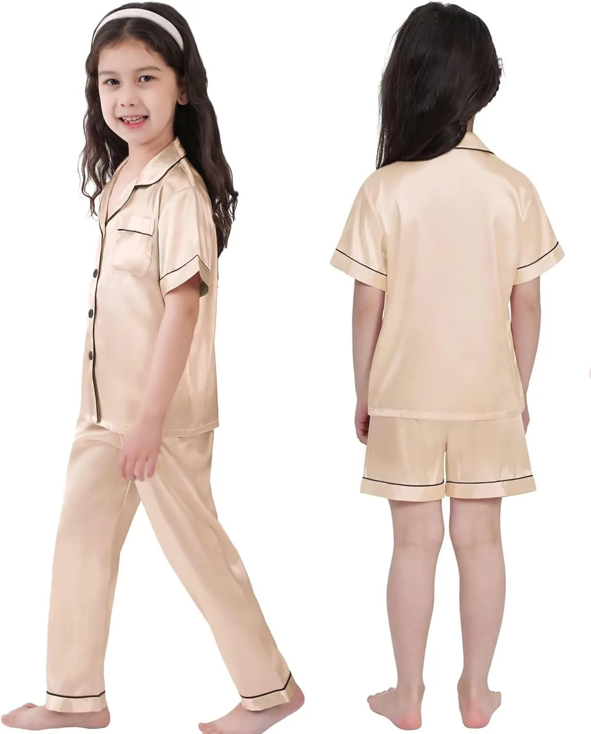 SWOMOG Kids Silk Pajamas 3 Piece Girls Boys Satin Pajamas Set Button-Down PJs Set Soft Loungewear Short Sleeve Sleepwear