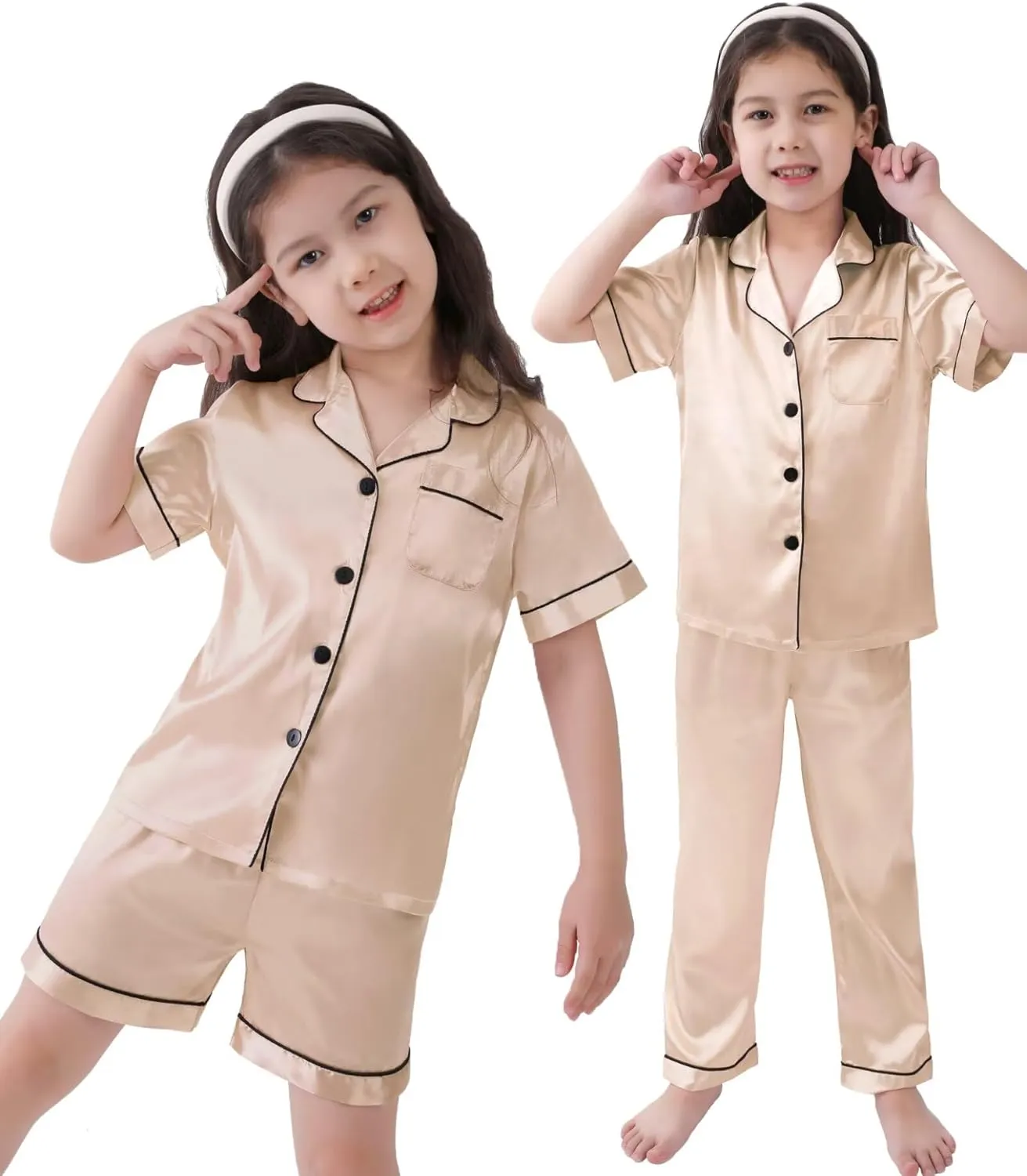 SWOMOG Kids Silk Pajamas 3 Piece Girls Boys Satin Pajamas Set Button-Down PJs Set Soft Loungewear Short Sleeve Sleepwear