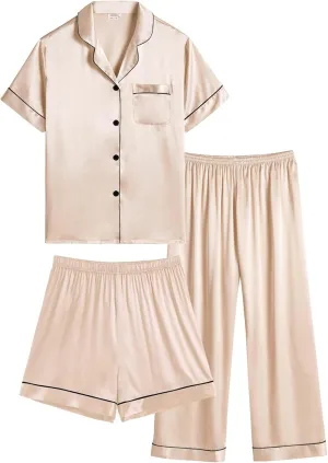 SWOMOG Kids Silk Pajamas 3 Piece Girls Boys Satin Pajamas Set Button-Down PJs Set Soft Loungewear Short Sleeve Sleepwear