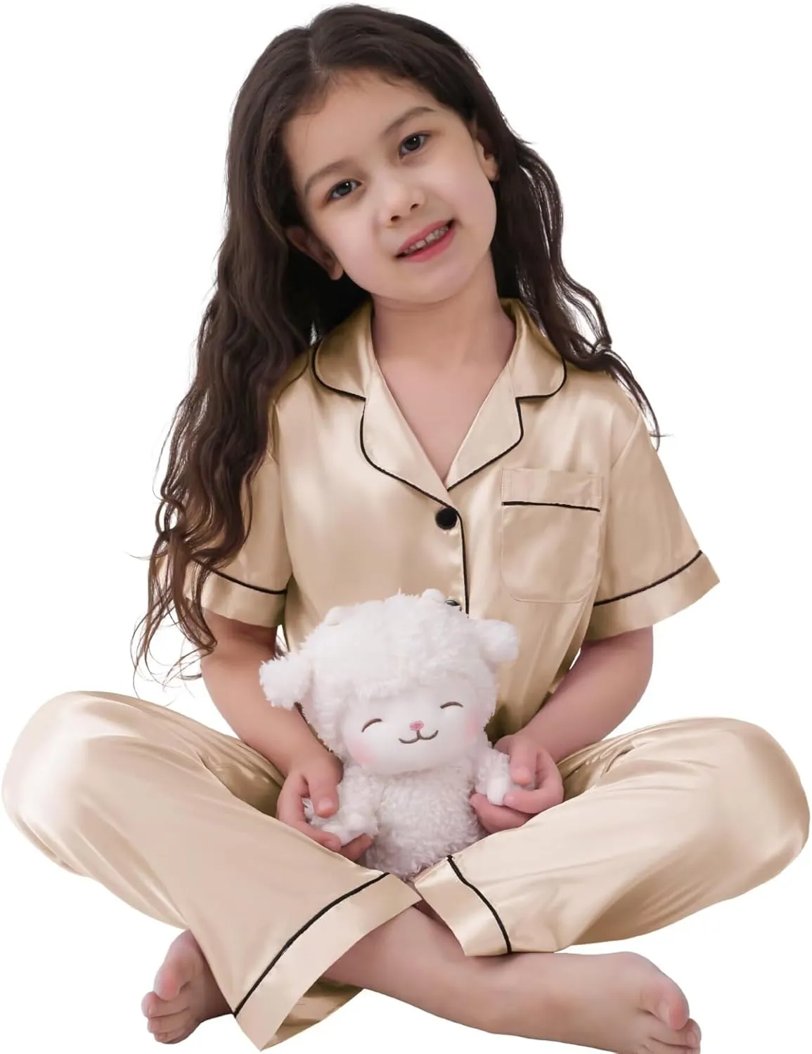SWOMOG Kids Silk Pajamas 3 Piece Girls Boys Satin Pajamas Set Button-Down PJs Set Soft Loungewear Short Sleeve Sleepwear