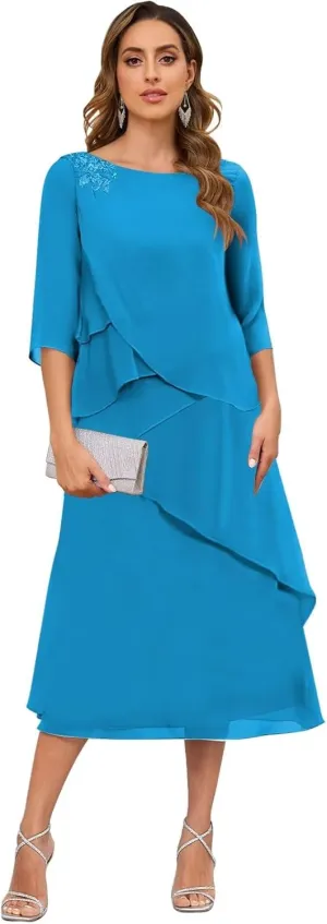 Tea Length Mother of The Bride Dresses for Women 3/4 Sleeve Tiered Chiffon Formal Dress