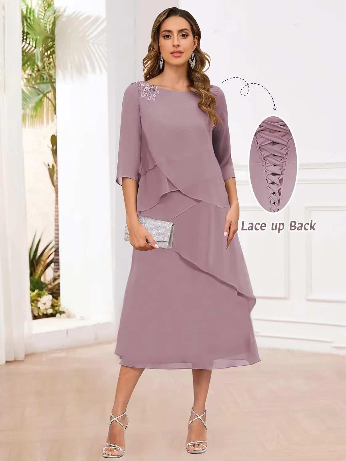 Tea Length Mother of The Bride Dresses for Women 3/4 Sleeve Tiered Chiffon Formal Dress