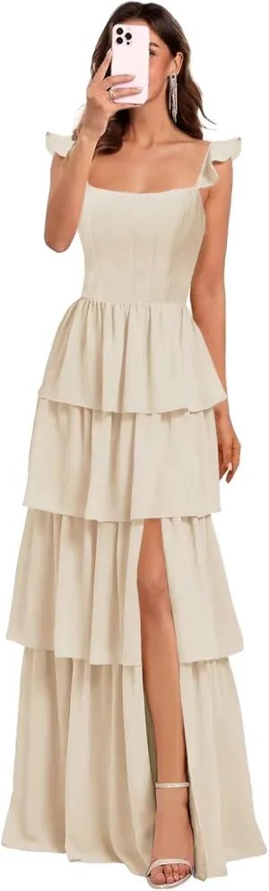 Tiered Ruffles Bridesmaid Dresses with Slit for Women 2025 Chiffon Formal Evening Party Dresses KN032