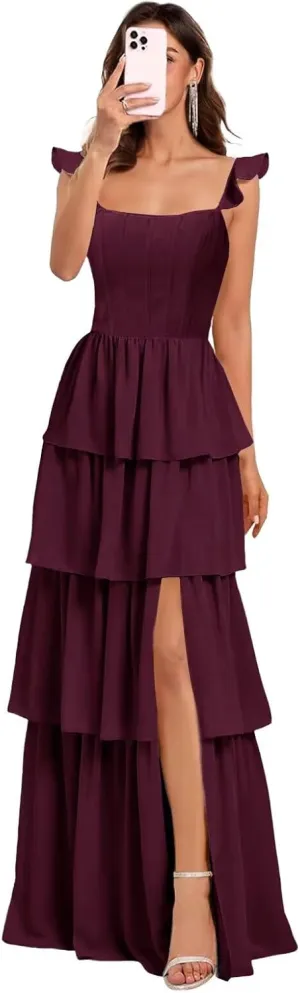 Tiered Ruffles Bridesmaid Dresses with Slit for Women 2025 Chiffon Formal Evening Party Dresses KN032