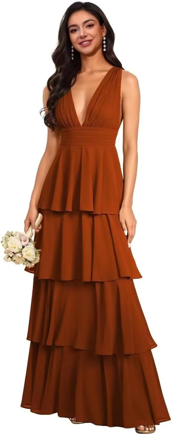 Tiered Ruffles Chiffon Bridesmaid Dresses 2025 V Neck Formal Dress for Women A-Line Long Maxi Evening Gown