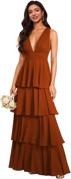 Tiered Ruffles Chiffon Bridesmaid Dresses 2025 V Neck Formal Dress for Women A-Line Long Maxi Evening Gown