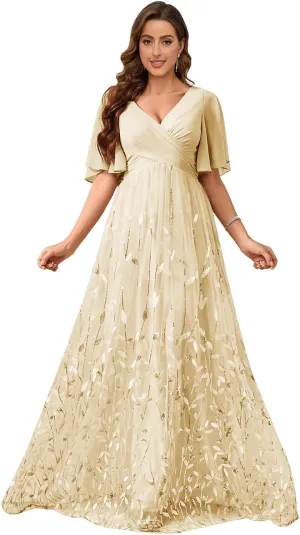 TORYEMY Sequin Short Sleeve Mother of The Bride Dresses for Women Formal Evening Gown Chiffon V Neck Wedding Guest Dress