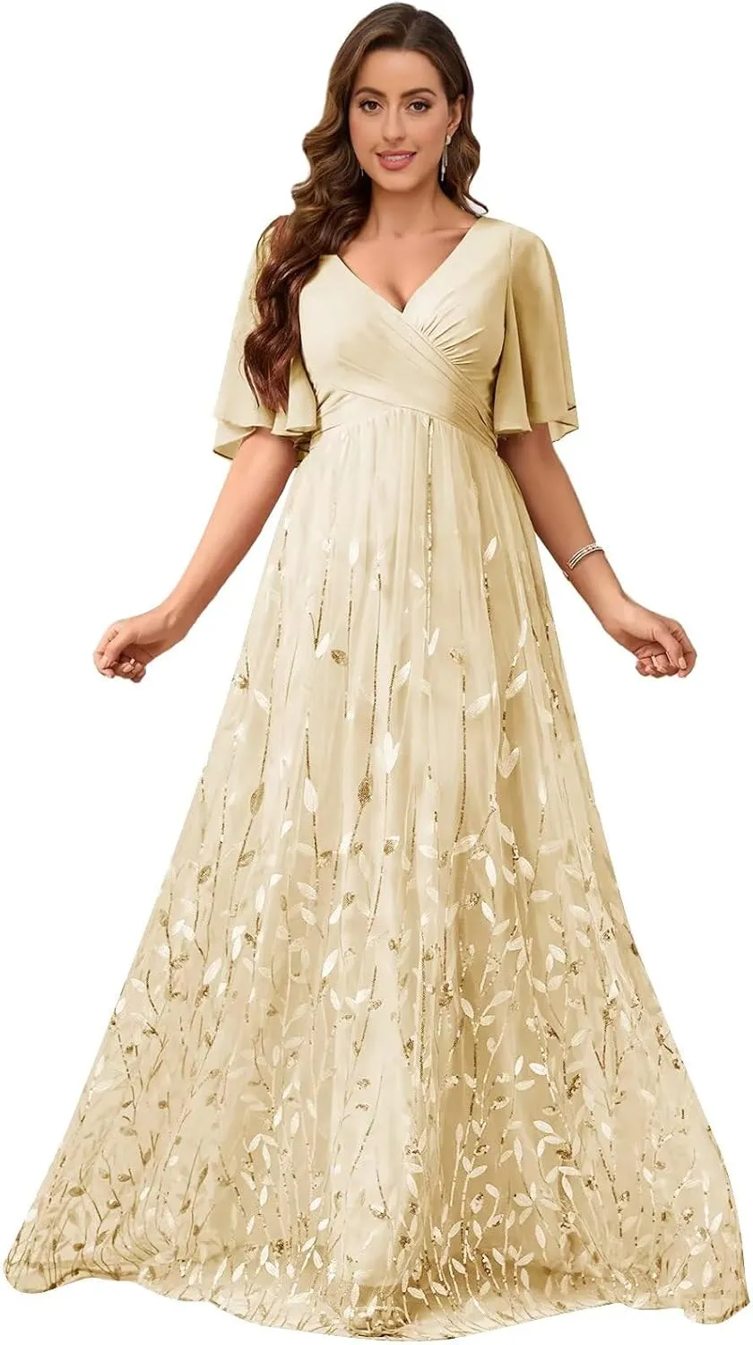 TORYEMY Sequin Short Sleeve Mother of The Bride Dresses for Women Formal Evening Gown Chiffon V Neck Wedding Guest Dress