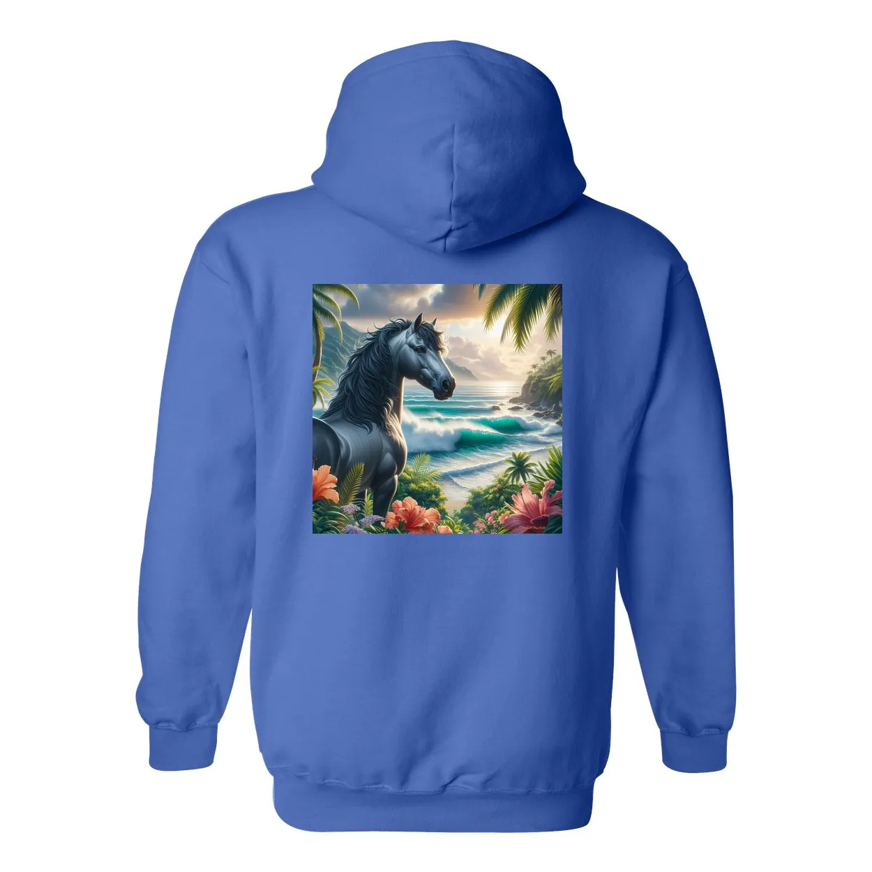 Tropical Grey Stallion Horse Design on Back Front Pocket Hoodies