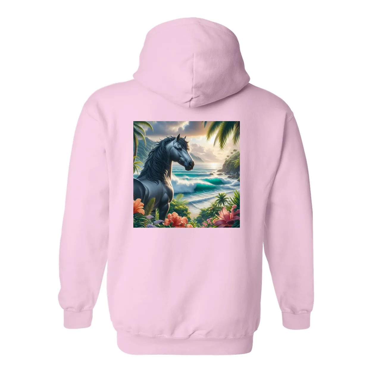Tropical Grey Stallion Horse Design on Back Front Pocket Hoodies