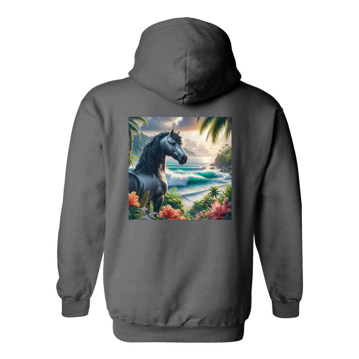 Tropical Grey Stallion Horse Design on Back Front Pocket Hoodies