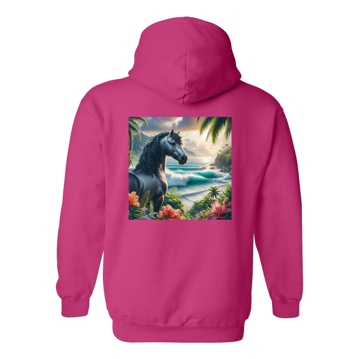 Tropical Grey Stallion Horse Design on Back Front Pocket Hoodies