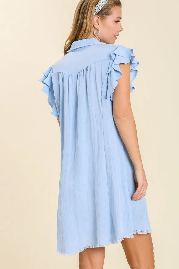 Umgee Snow Washed Dress with Ruffled Sleeves in Light Denim Blue Color