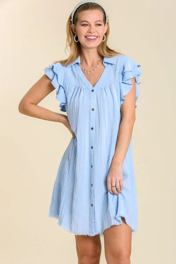 Umgee Snow Washed Dress with Ruffled Sleeves in Light Denim Blue Color