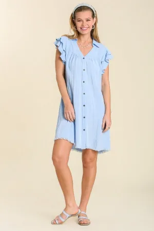 Umgee Snow Washed Dress with Ruffled Sleeves in Light Denim Blue Color