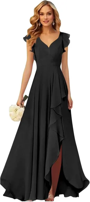 VCCICANY Chiffon Bridesmaid Dresses for Women V Neck Ruffle Sleeves Ruched Long Formal Dress with Slit