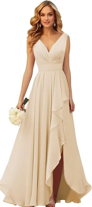 VCCICANY Chiffon Bridesmaid Dresses with Slit V Neck Ruffle Ruched Long Formal Dress for Wedding