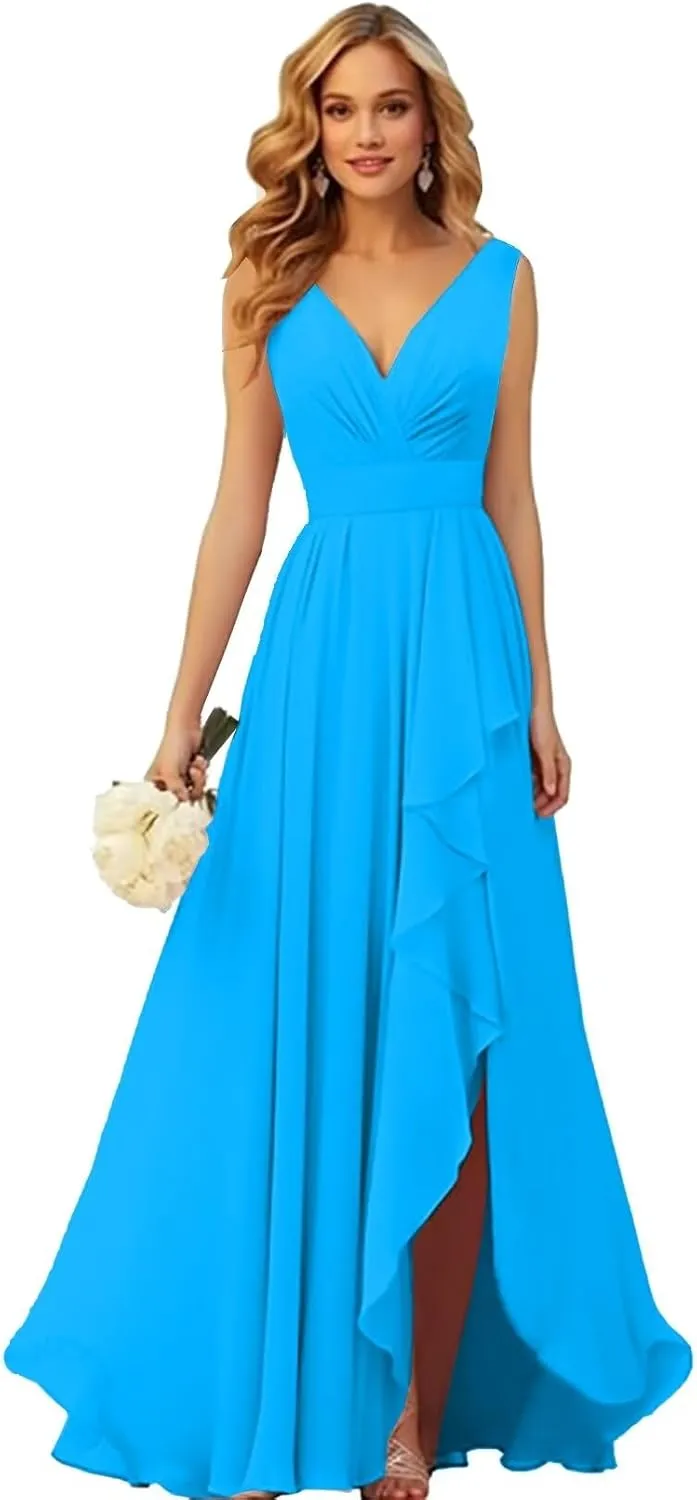 VCCICANY Chiffon Bridesmaid Dresses with Slit V Neck Ruffle Ruched Long Formal Dress for Wedding