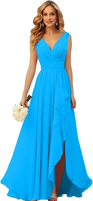 VCCICANY Chiffon Bridesmaid Dresses with Slit V Neck Ruffle Ruched Long Formal Dress for Wedding