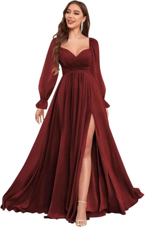 VCCICANY Long Sleeve Bridesmaid Dresses for Women Chiffon Pleated Formal Evening Gowns with Slit