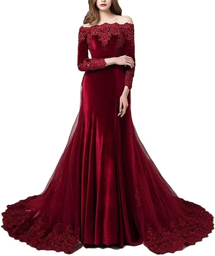 Velvet Off The Shoulder Vintage Evening Dress Long Sleeve Lace Appliques Party Prom Gowns Detachable Tulle Train