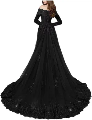 Velvet Off The Shoulder Vintage Evening Dress Long Sleeve Lace Appliques Party Prom Gowns Detachable Tulle Train