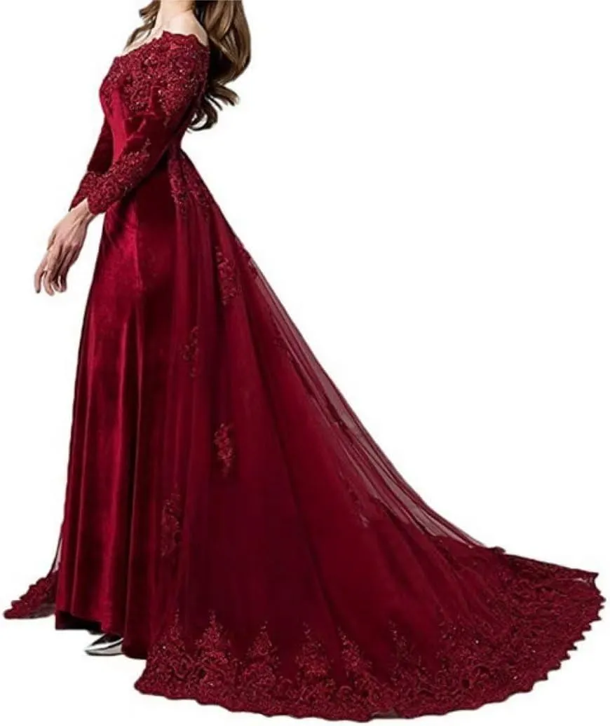 Velvet Off The Shoulder Vintage Evening Dress Long Sleeve Lace Appliques Party Prom Gowns Detachable Tulle Train