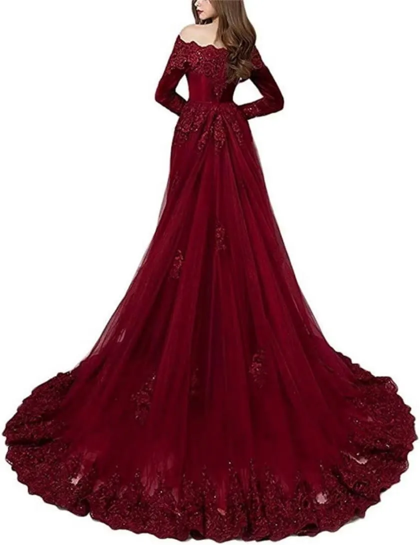 Velvet Off The Shoulder Vintage Evening Dress Long Sleeve Lace Appliques Party Prom Gowns Detachable Tulle Train