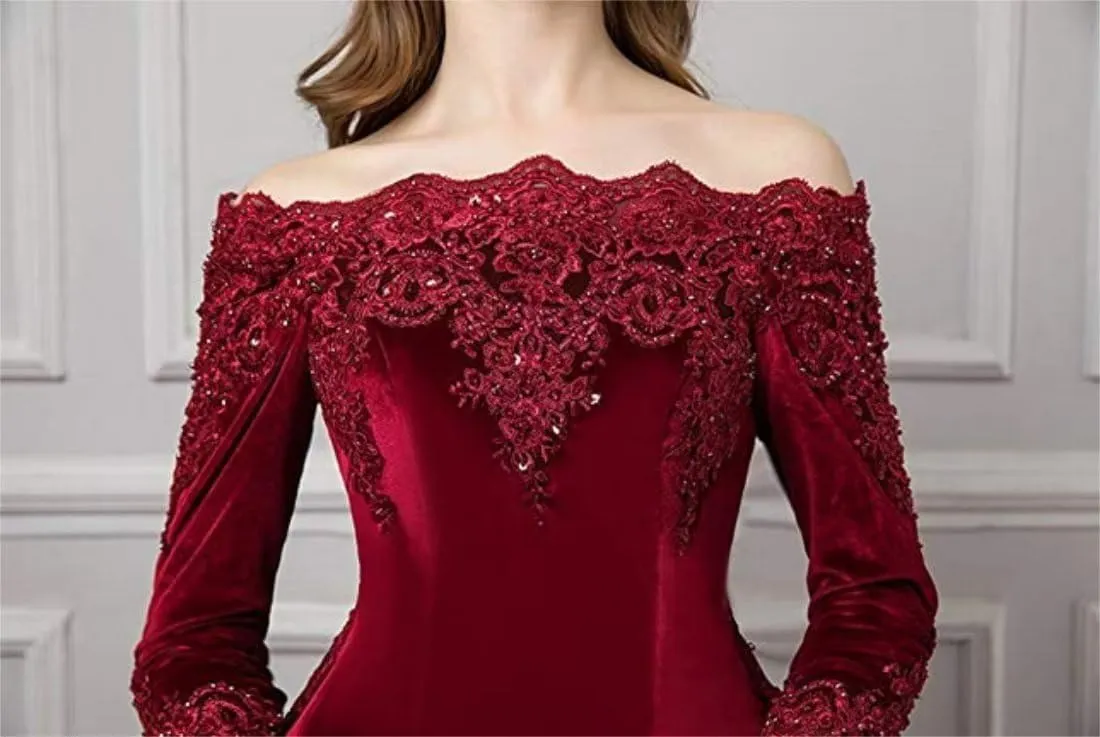 Velvet Off The Shoulder Vintage Evening Dress Long Sleeve Lace Appliques Party Prom Gowns Detachable Tulle Train