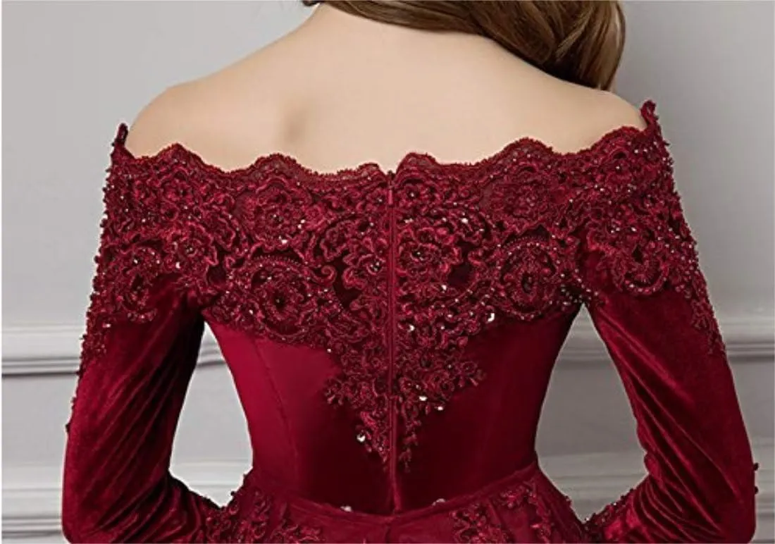 Velvet Off The Shoulder Vintage Evening Dress Long Sleeve Lace Appliques Party Prom Gowns Detachable Tulle Train