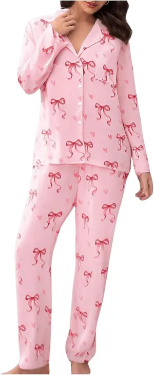 Verdusa Women's 2 Piece Pajama Set Bow Print Button Down Shirt and Pants Lounge Set
