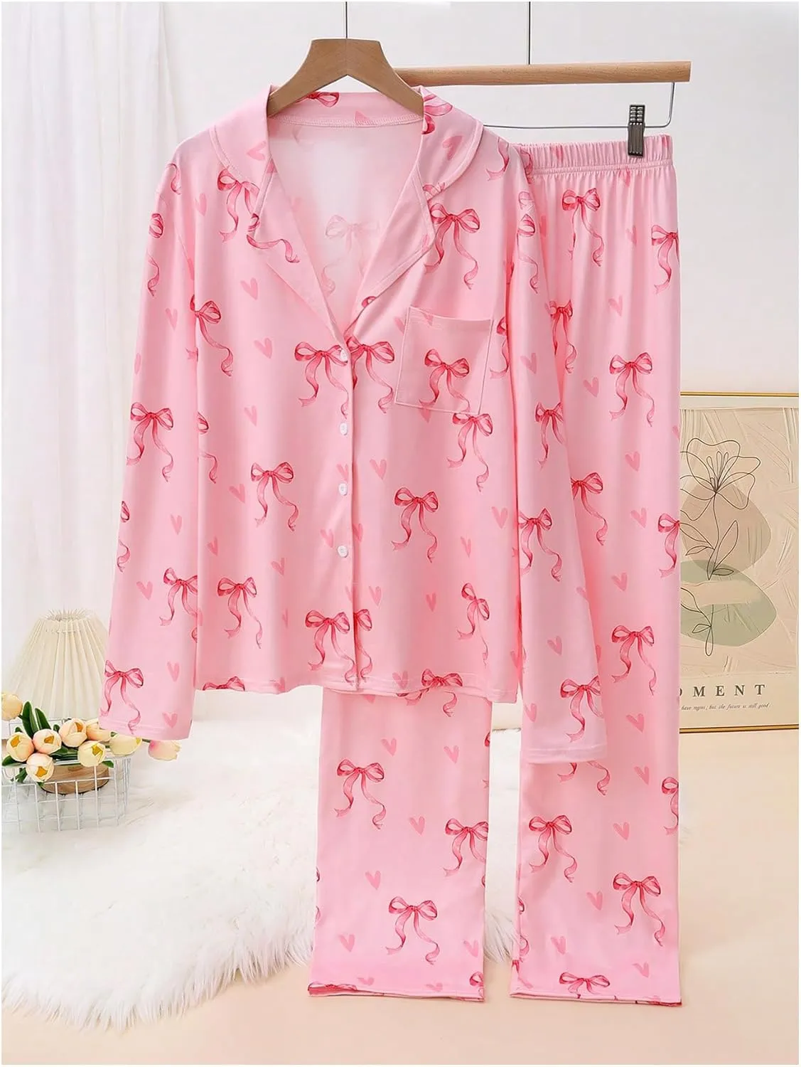 Verdusa Women's 2 Piece Pajama Set Bow Print Button Down Shirt and Pants Lounge Set