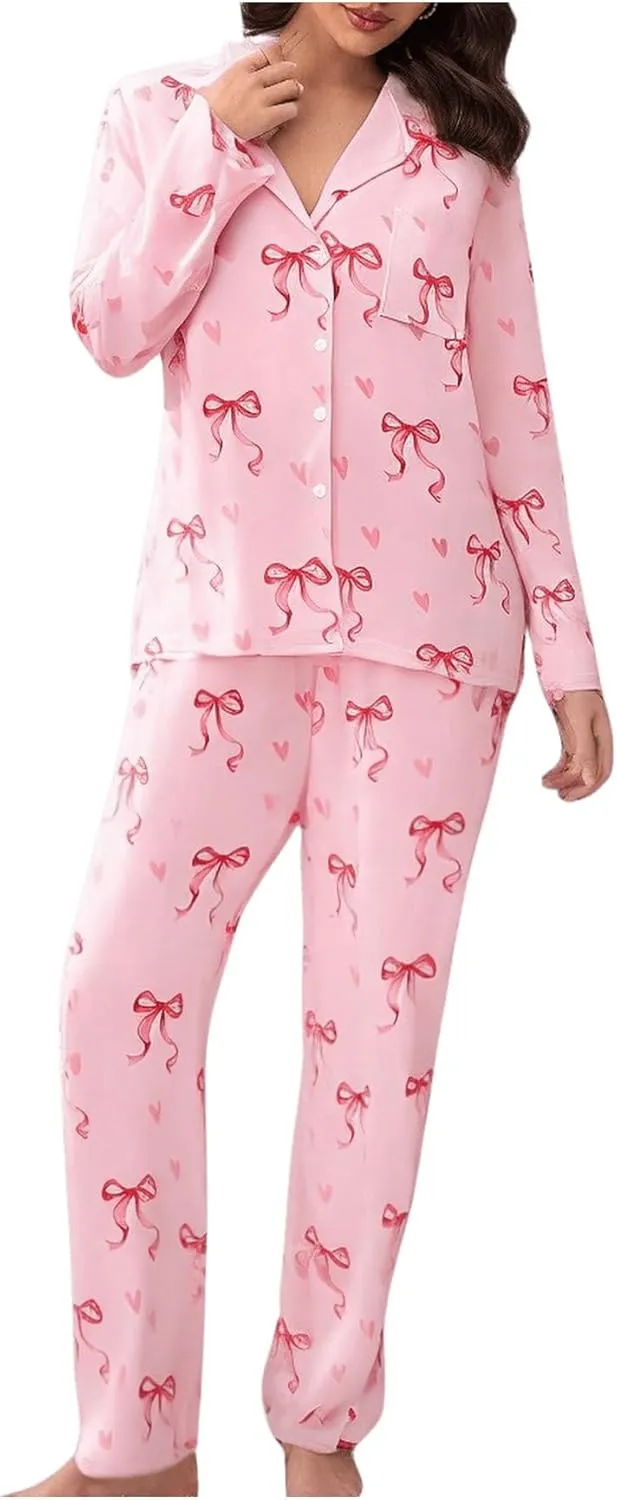 Verdusa Women's 2 Piece Pajama Set Bow Print Button Down Shirt and Pants Lounge Set