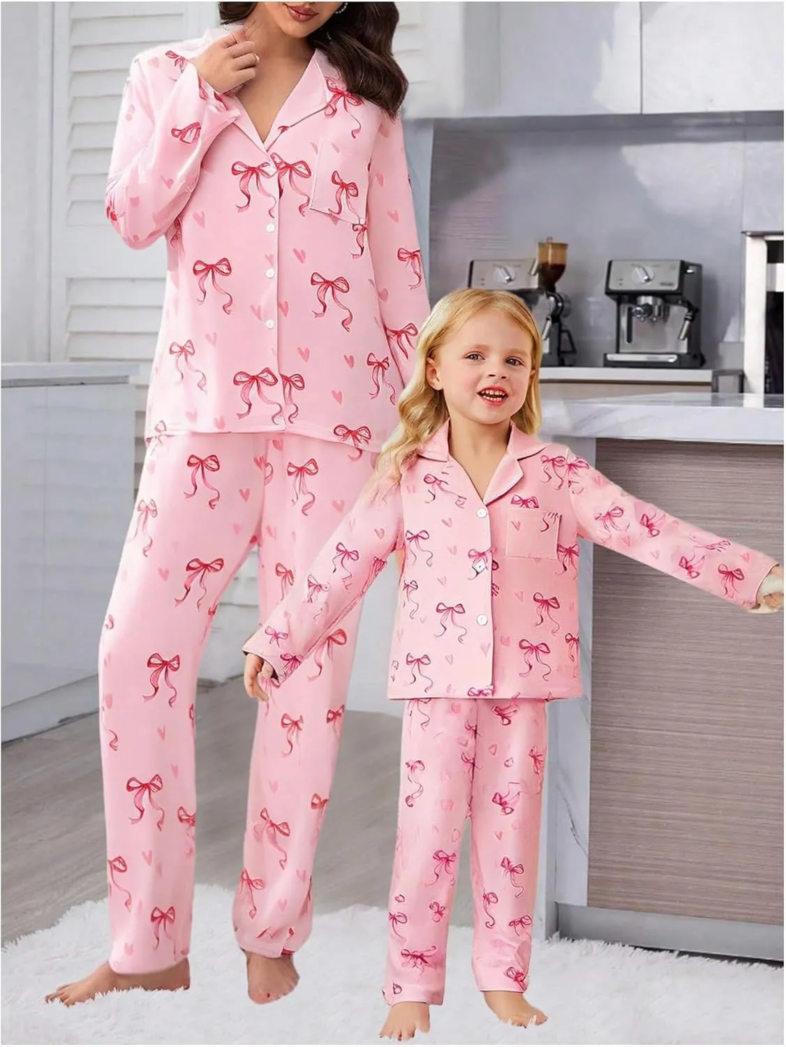 Verdusa Women's 2 Piece Pajama Set Bow Print Button Down Shirt and Pants Lounge Set