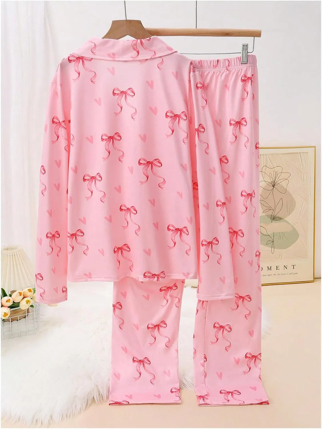 Verdusa Women's 2 Piece Pajama Set Bow Print Button Down Shirt and Pants Lounge Set