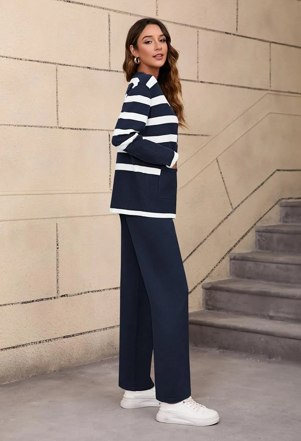Viottiset Women's 2 Piece Outfits Stripe Sweatsuit Set Long Sleeve Button Sweatshirt Wide Leg Sweatpants Lounge Set