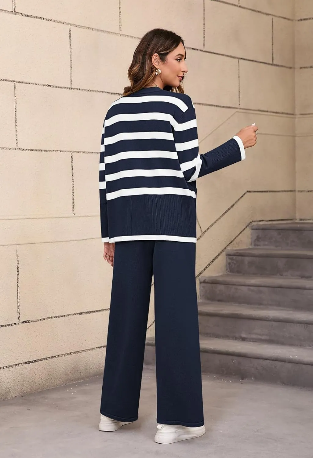 Viottiset Women's 2 Piece Outfits Stripe Sweatsuit Set Long Sleeve Button Sweatshirt Wide Leg Sweatpants Lounge Set