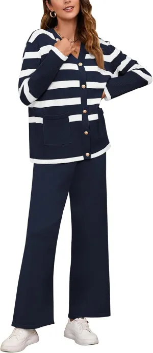 Viottiset Women's 2 Piece Outfits Stripe Sweatsuit Set Long Sleeve Button Sweatshirt Wide Leg Sweatpants Lounge Set