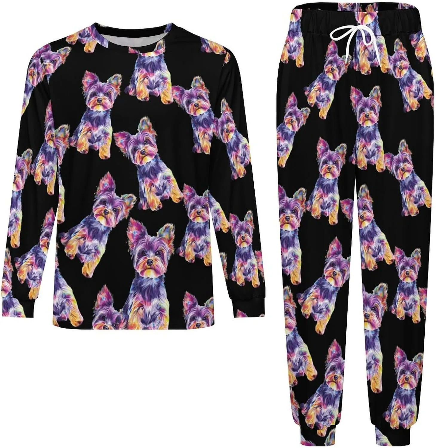 Watercolor Puppy Yorkshire Terrier Dog Men's Crew Neck Pajama 2 Piece Set Long Sleeve Loungewear Top and Bottom