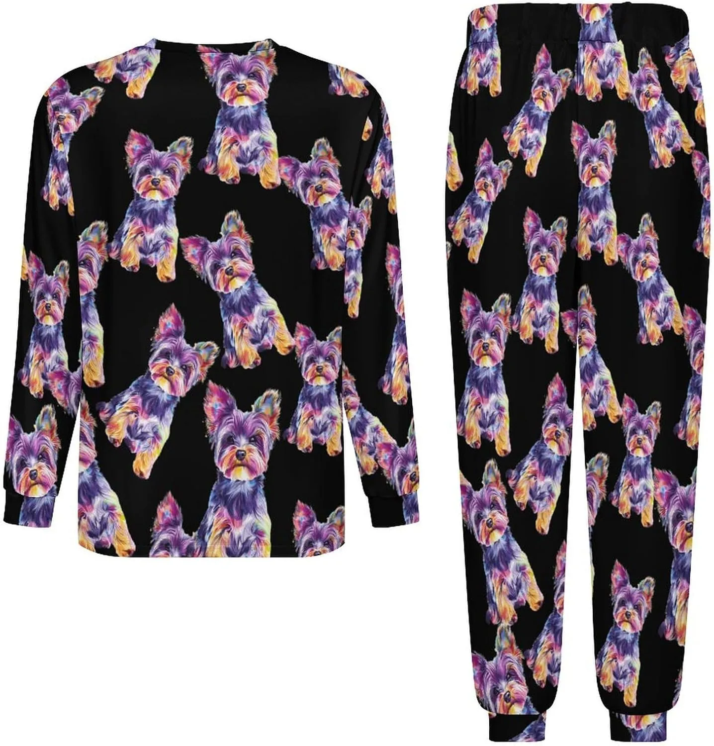 Watercolor Puppy Yorkshire Terrier Dog Men's Crew Neck Pajama 2 Piece Set Long Sleeve Loungewear Top and Bottom