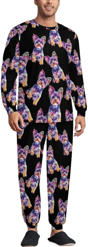 Watercolor Puppy Yorkshire Terrier Dog Men's Crew Neck Pajama 2 Piece Set Long Sleeve Loungewear Top and Bottom