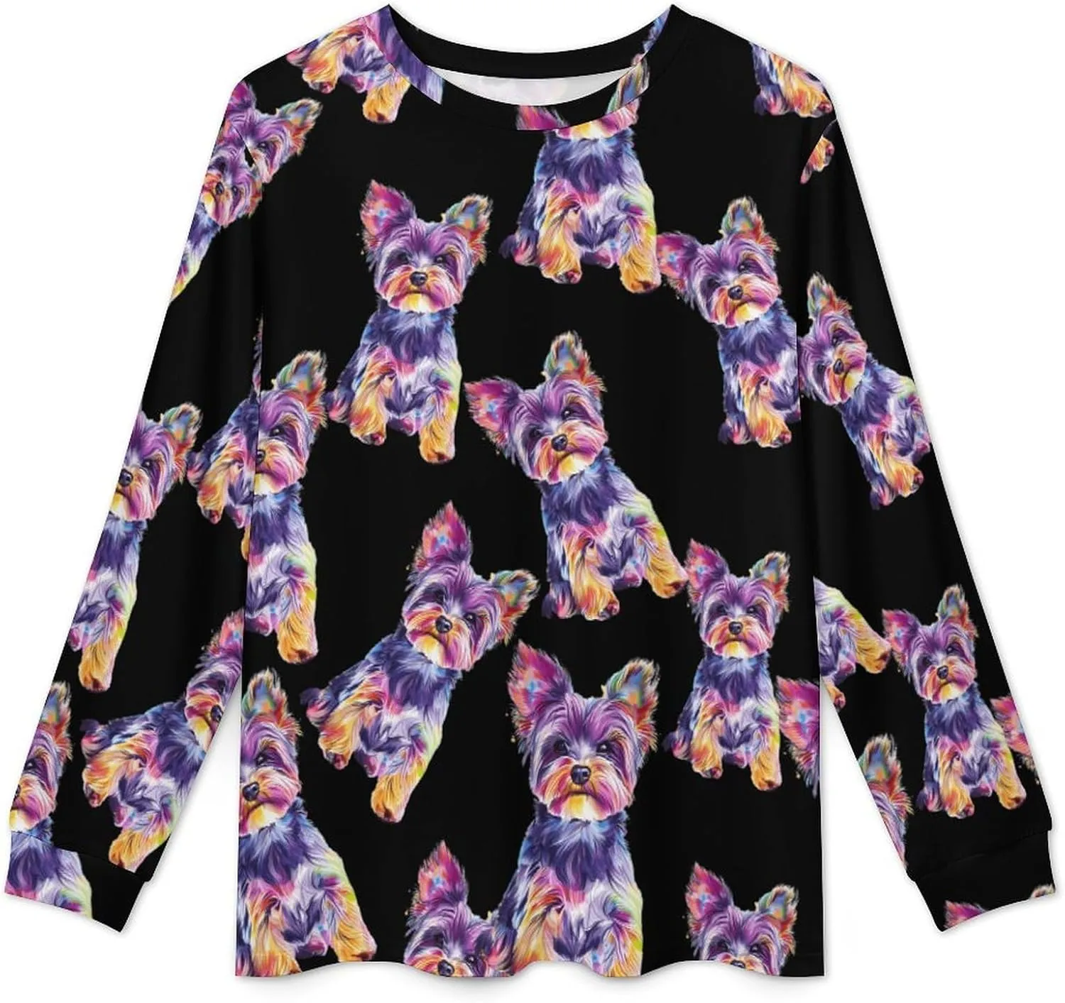 Watercolor Puppy Yorkshire Terrier Dog Men's Crew Neck Pajama 2 Piece Set Long Sleeve Loungewear Top and Bottom