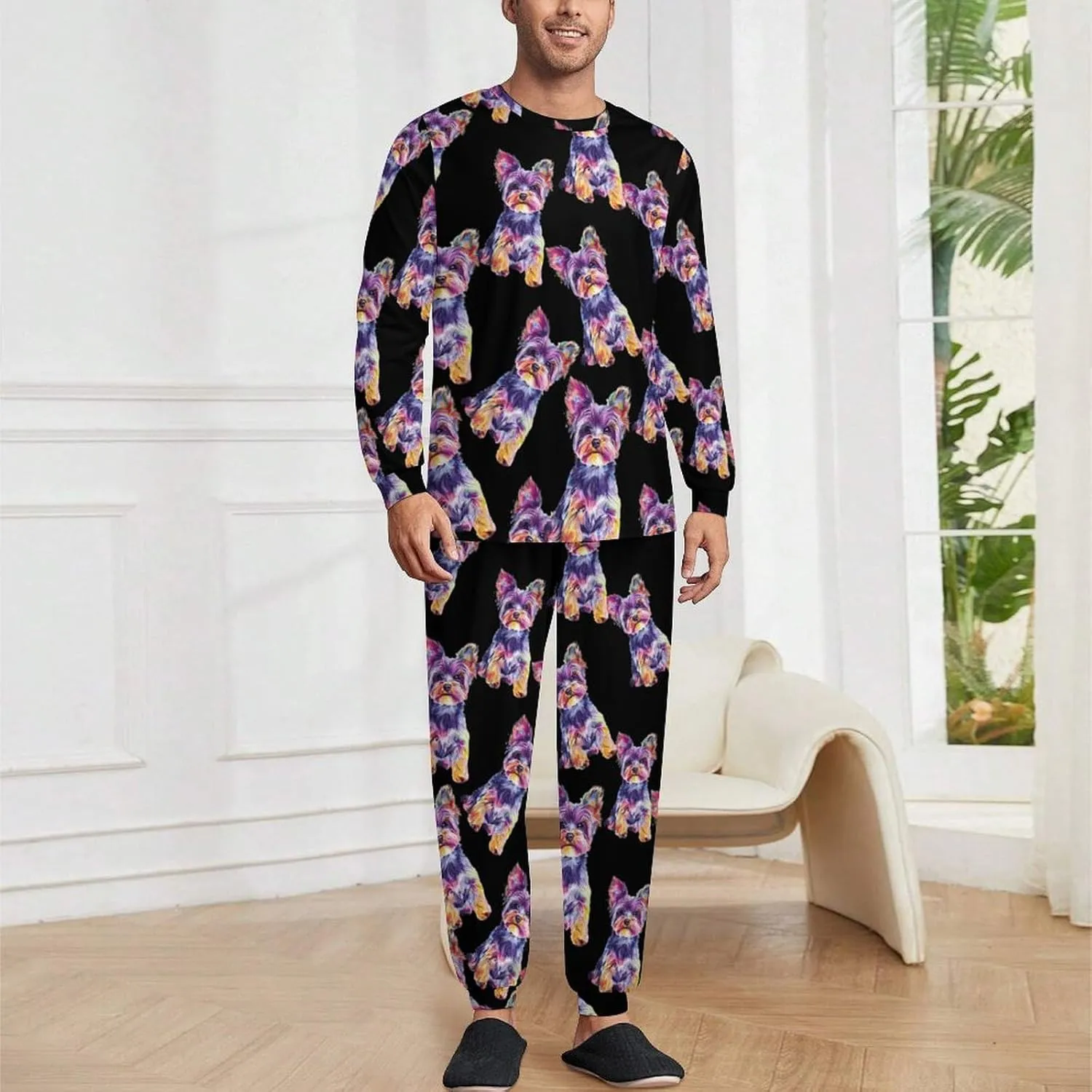 Watercolor Puppy Yorkshire Terrier Dog Men's Crew Neck Pajama 2 Piece Set Long Sleeve Loungewear Top and Bottom
