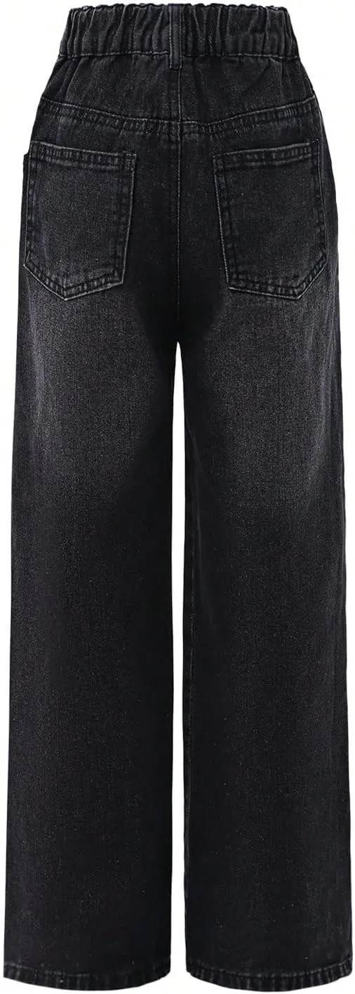 WDIRARA Girl's Bowknot Print Washed Jean Elastic Waist Denim Pants Straight Leg Trousers with Pockets